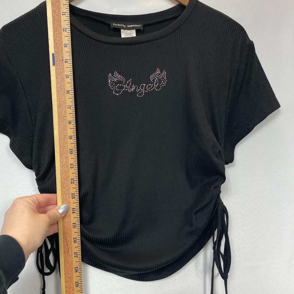Perfectly Angel Top LG Black Rhinestone Y2K Bling Tee Angelcore Baby Black Glam - Picture 10 of 10